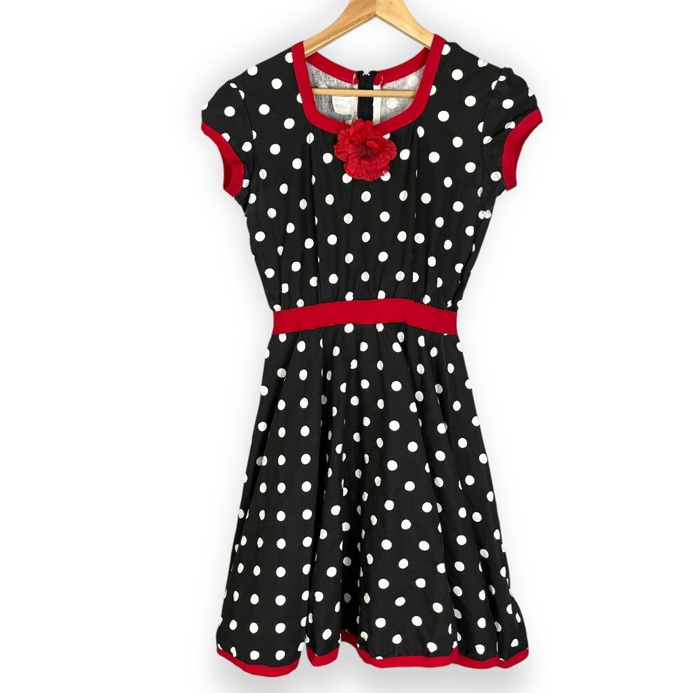 Handmade Retro Dress Polka Dot Circle Skirt Sock-Hop Pin-Up Black White Flower